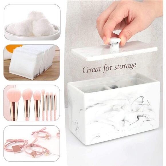 Cotton Swab Holder, Resin Cotton Ball Canister w/ Lid, 2 Compartment Dispenser - Picture 4 of 5